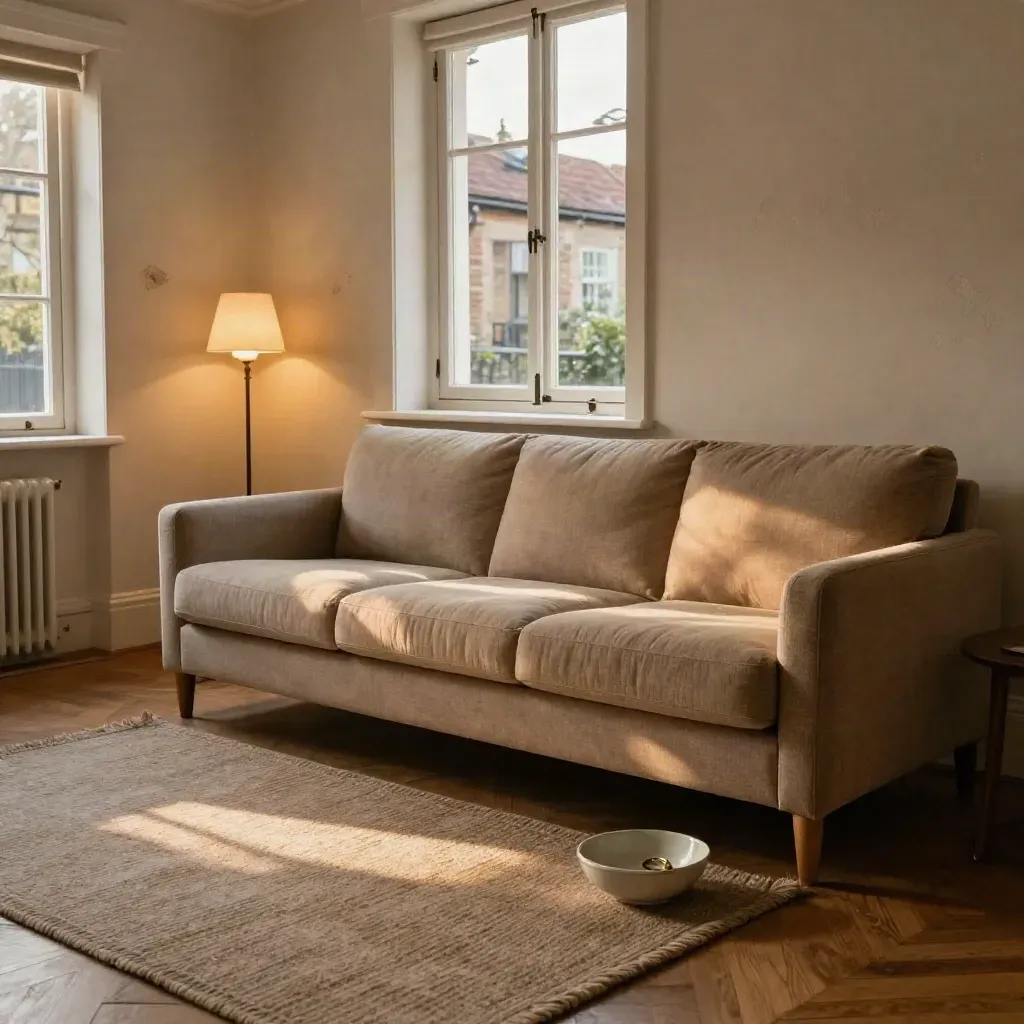 Verkoopklaar grachtenhuis met bank, open ramen, strak kleed en sleutelkom in warm licht.