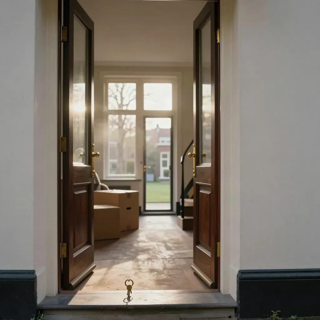 Amsterdamse tussenwoning in renovatie, met open deur, verhuisdoos en sleutelring in ochtendlicht