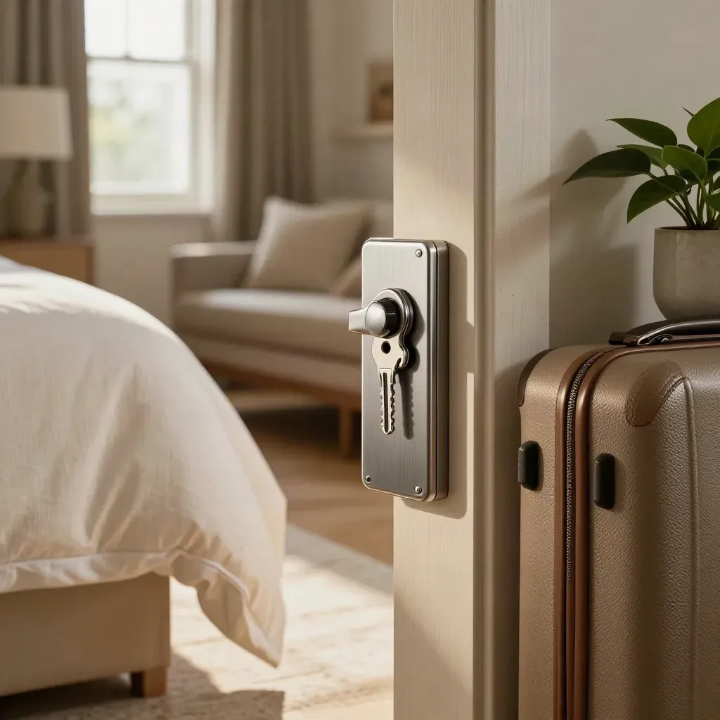 Turnkey expatverhuurwoning met beddengoed, sleutelkluis, koffer en planten in warm licht