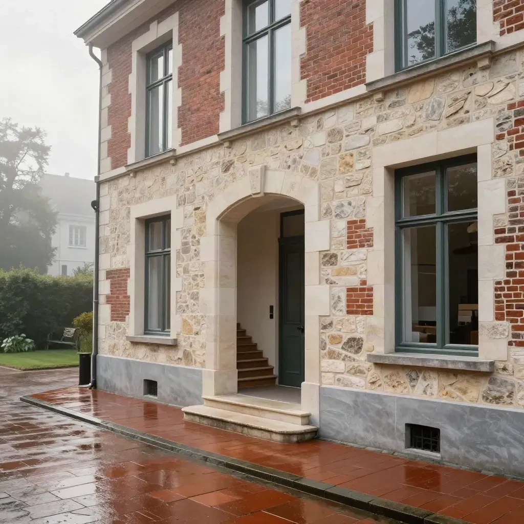 Verzorgd beleggingspand met natte gevel, entree en stille binnentuin in zachte mist