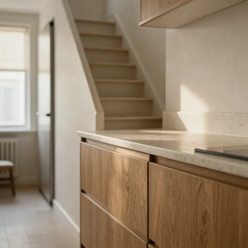 Compacte Antwerpse starterswoning met eiken keuken, kalkmuur en lichte trap.