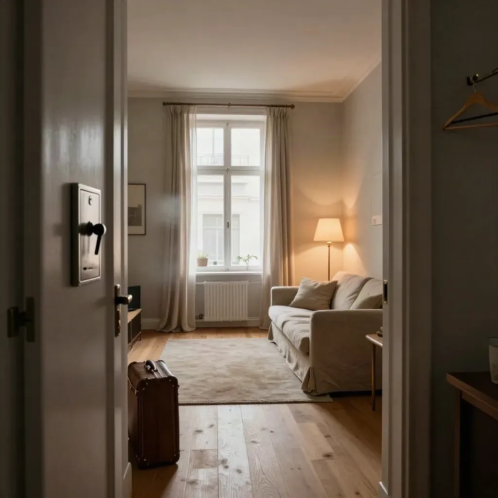 Amsterdamse huurwoning sfeervol ingericht met sleutelkluis, koffer en warme lampen.