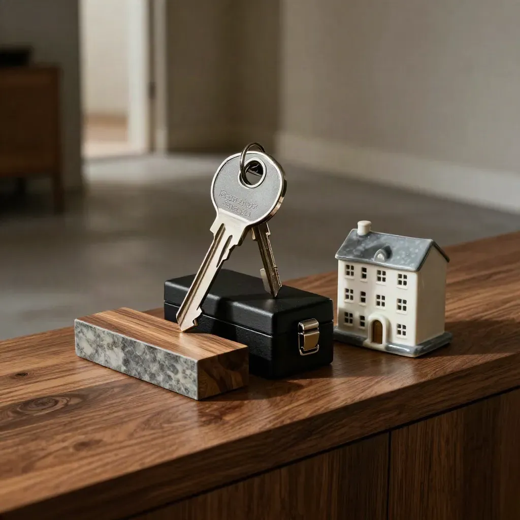 Makro van sleutelkop, lockbox, materiaalmonster en huisminiatuur in een donker interieur.