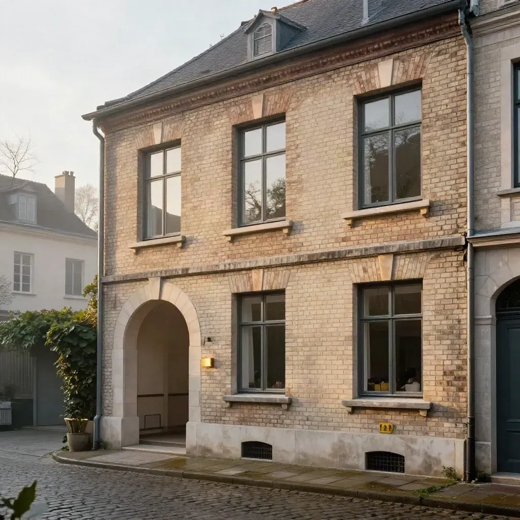 Brussels beleggingspand met herstelde gevel, nieuw dak en rustige binnentuin in ochtendmist