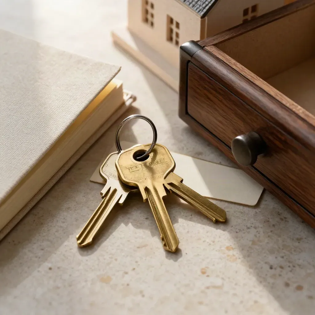 Messing sleutels, kalkstenen gevelmodel en linnen notitieboek op donkere houten lade