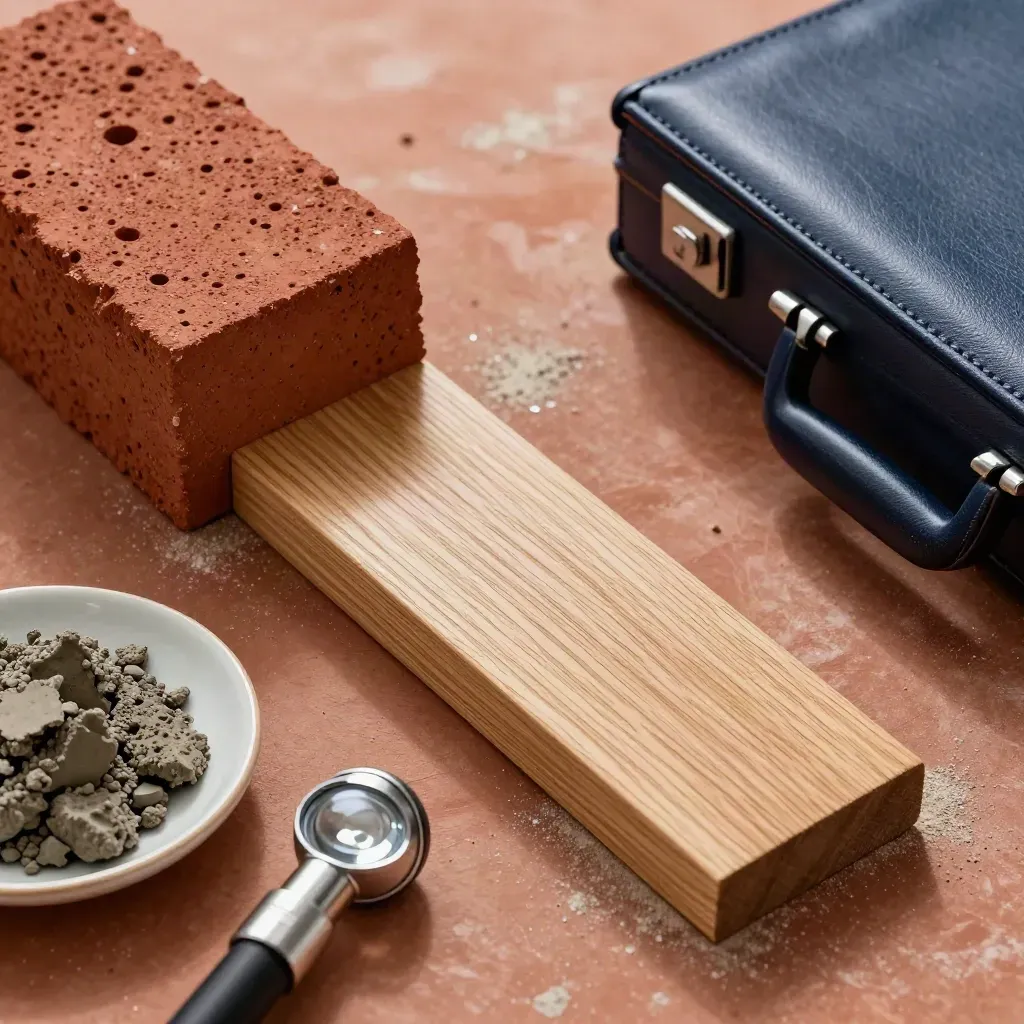 Bovenaanzicht van taxatiematerialen: baksteen, houtnerf, mortelmonster, lamp en gesloten koffer.