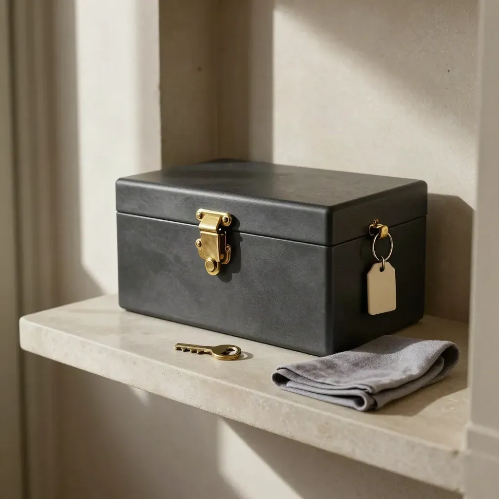 Lockbox, reservesleutel, toegangstag en sleuteldoekje op een plank in de hal.