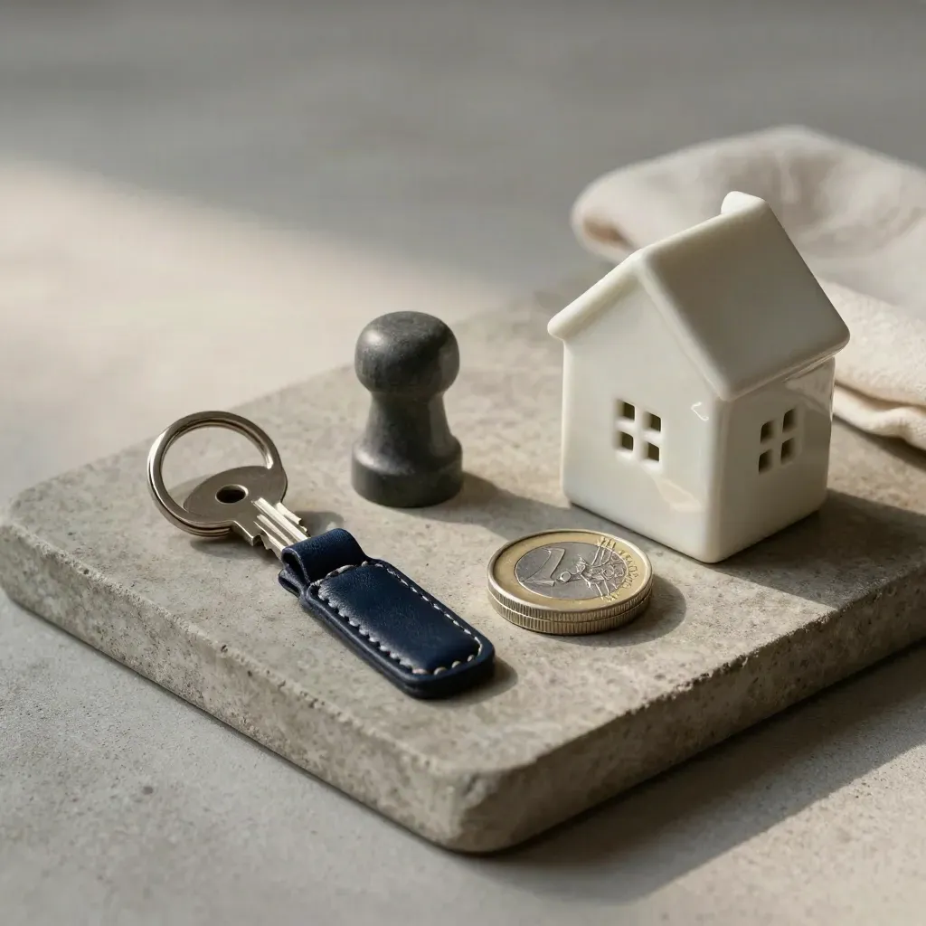 Stilleven van sleutels, deurstopper, cilinder en porseleinen huisje op stenen tray.