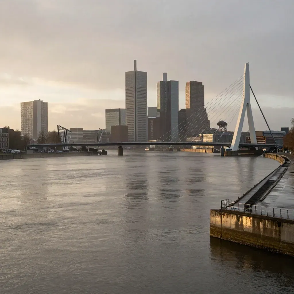 Rotterdamse skyline in Zuid-Holland bij gouden uur, met rivier en bruggen in mist.