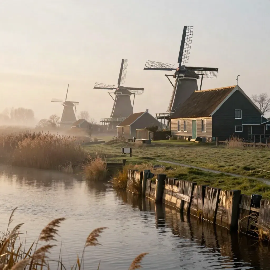 Dijklandschap in Noord-Holland met molens, sloten en stolpboerderijen in ochtendmist