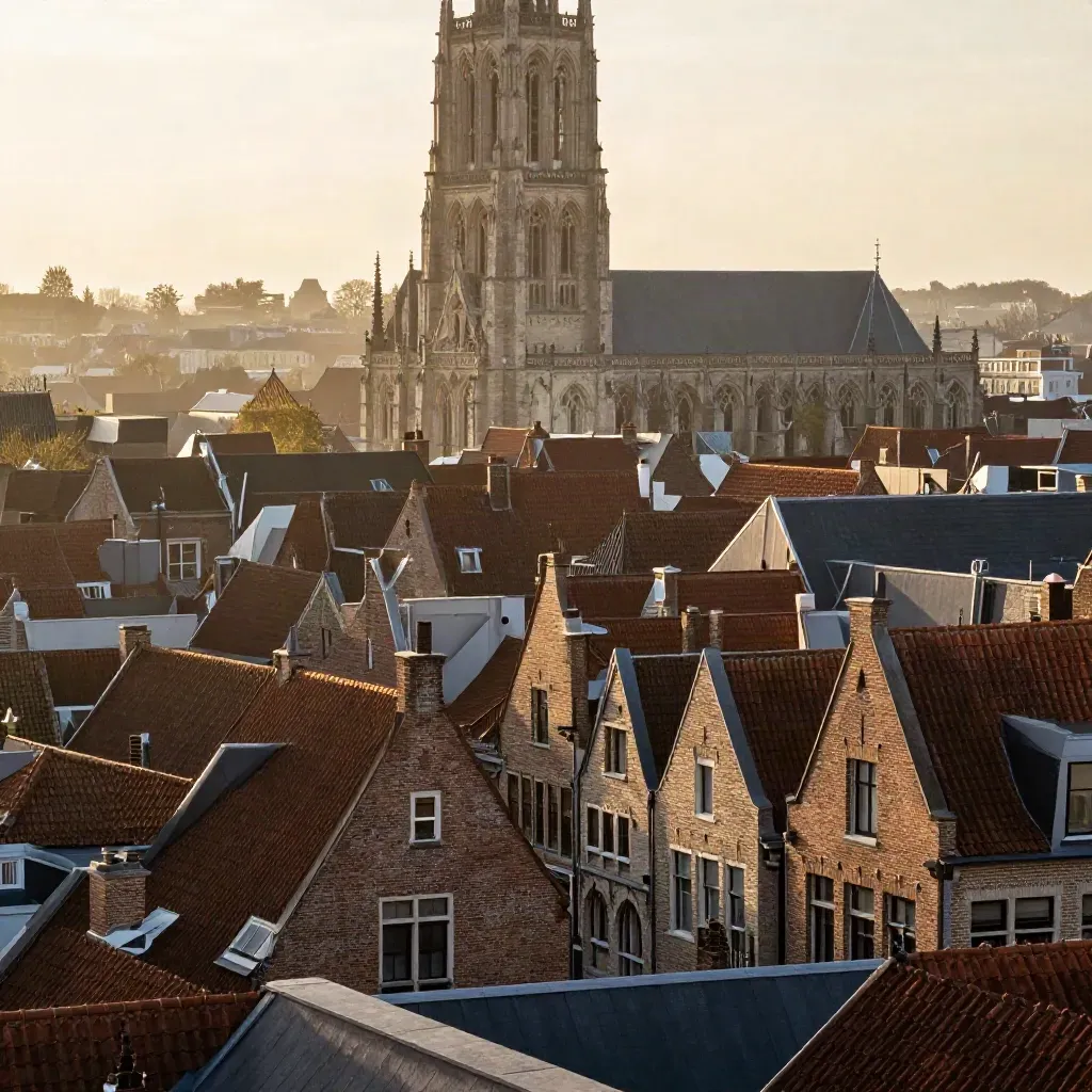 Bovenaan een Vlaamse bakstenen skyline met kathedraaltoren in warme nevel.