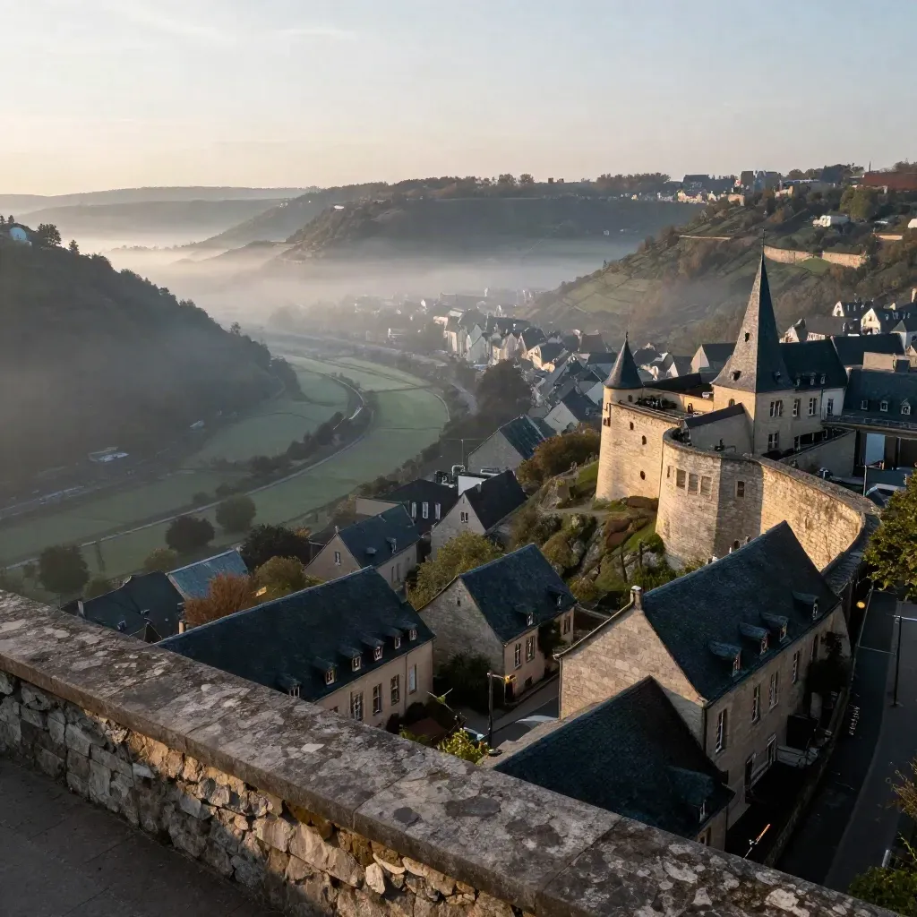 Mistige heuvelrand van Luxemburg met de Alzette-vallei en vestingmuren in ochtendlicht.